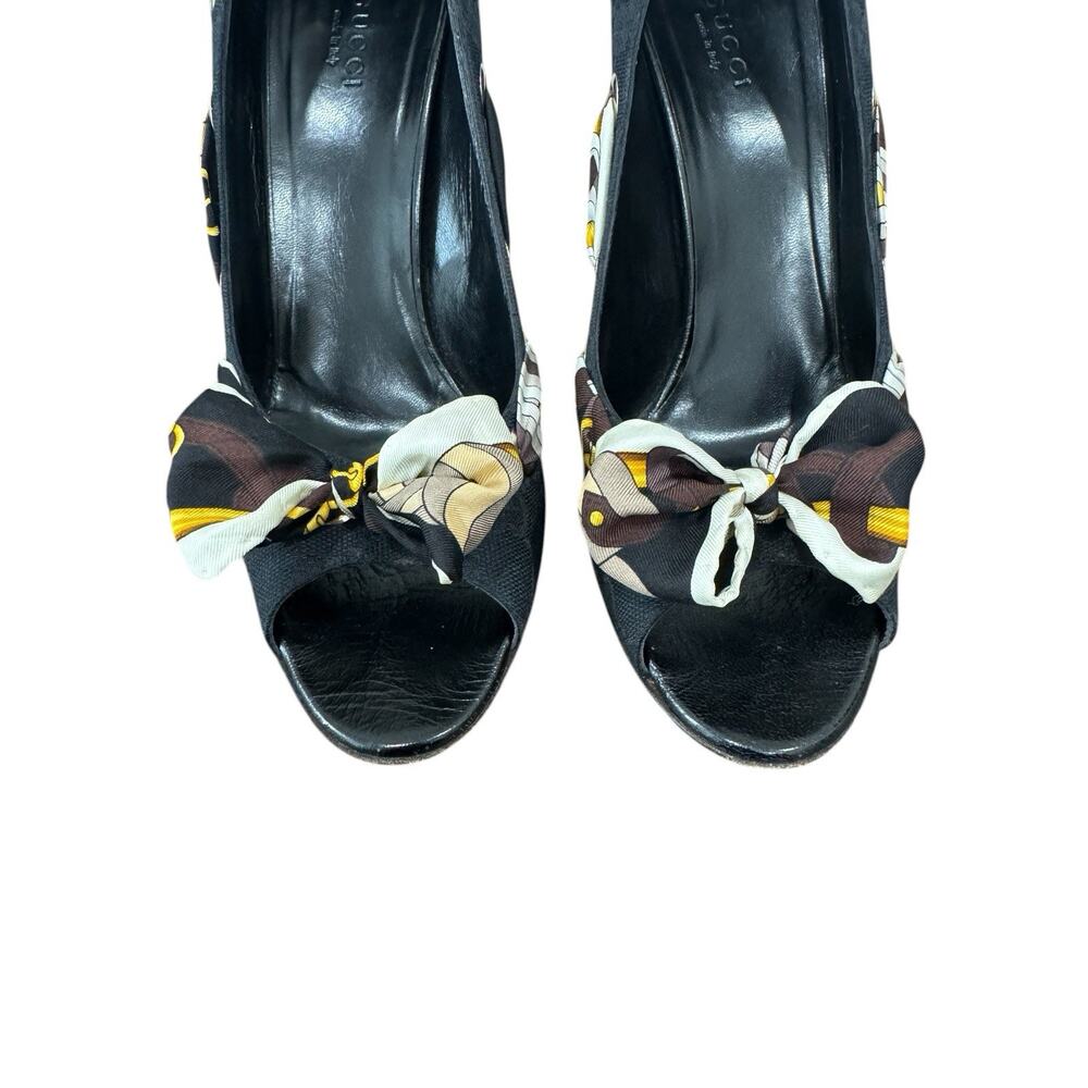 Gucci Guccissima Scarf Bow Heels Black Open Toe Pumps Ribbon Size 9.5 Luxury - Picture 8 of 14
